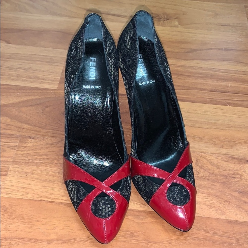 FENDI Black Lace and Red Patent Pumps Heels